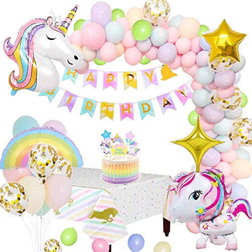 Unicorn Party Decorations Supplies, Huge 3D Unicorn Balloons Happy Birthday Banner Rainbow Balloon Star Balloon Tablecloth Cake Topper and Latex Party Ballons for Infant Girl Boy Lady Birthday