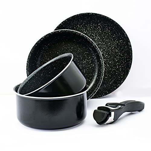 Herzberg HG8053 BLK Batterie De Cuisine, Lot de 3 Casseroles Induction et 2 Poeles Tous Feux de différentes tailles et 1 gant de cuisine, Revêtement Marbre Antiadhésif, Poignées Amovibles, Noir