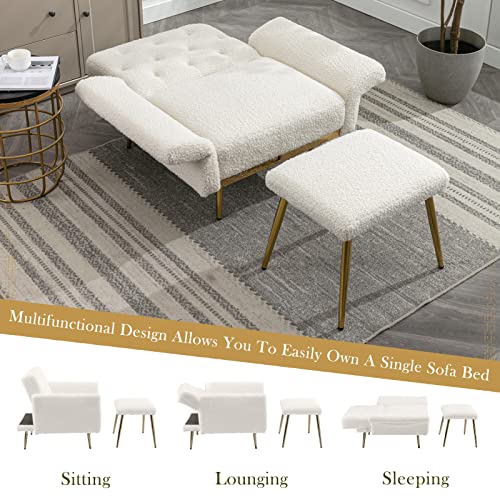 Modern Velvet Accent Chair With Ottoman, Comfy Single Sofa Armchair With Adjustable Backrest And Armrests, Tufted Lounge Arm Chair, Upholstered Recliner For Home, Living Room, Bedroom(White Teddy) #TOP4