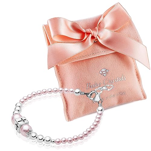 Image of Baby Crystals Pink Pearl Personalized Charm Bracelet for Girls, Sterling Silver Initial Charm Cross Charm Bracelet, Baptism Gifts for Girl, First Communion Christening, Keepsake Girls Jewelry