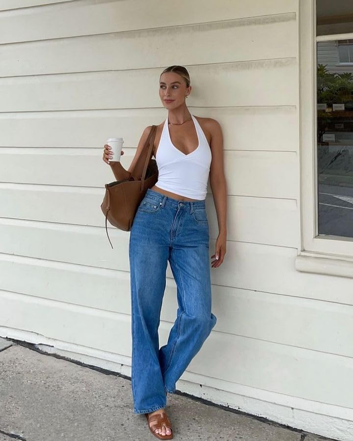 Women's Deep V Neck Halter Tie Back Tank Top Sleeveless Slim Fitted Summer Crop Top - Image 3