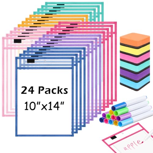 Watersay 42 Pack Oversized Dry Erase Pocket with Pens, Vibrant Colors