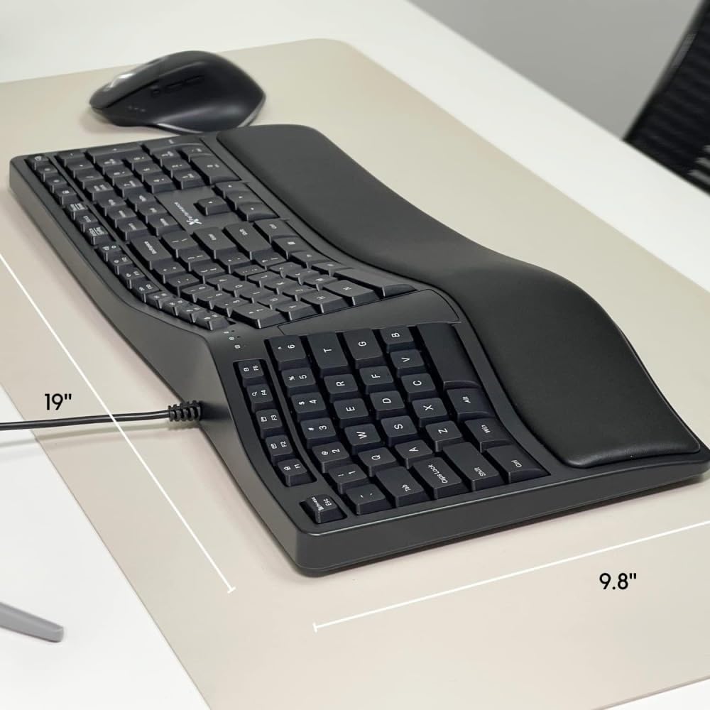 Przewodowa ergonomiczna klawiatura, dzielona klawiatura z amortyzowaną podpórką pod nadgarstek, przewodowa klawiatura USB do laptopa, komputera, komputera