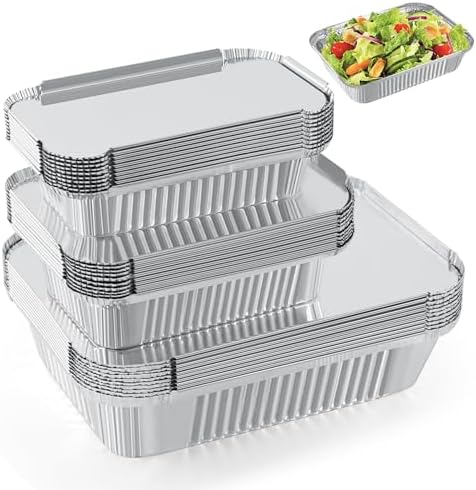 Notwoe 30 Stück Aluschalen Grill,Grillschalen Aluminium 1750ml/700ml/410ml,Aluschalen Mit Deckel,Alu Grillschalen Wiederverwendbar,Grill Aluschalen Für Kochen (Silber-255-30 Stück/