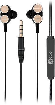 Lecoo EH102 Wired 3.5mm Jack In-Ear Headset with Microphone - Dual Driver, Rugged Cable Structure, For Sports, Business, Gaming, Universal Fit, Built-in HD Clear Audio, Dual Driver Microphone Black
