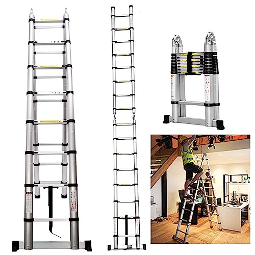 2.5M+2.5M Foldable A Frame Ladder 5M Aluminium Extendable Telescopic Ladder Portable Multi-Purpose Telescoping Ladder with Stabilizer Bar for Home Office Loft Use, Max Load 330lb