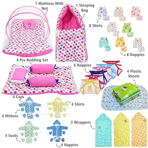 Image of Infantbond 56 In 1 Baby Products All New Born Combo|Gift Set|Essentials|Hospital Kit|Clothes|Infant Essentials|Baby Shower|Complete Daily Items Combo(0-6 Months) (Apple) (Pink For Baby Girl)