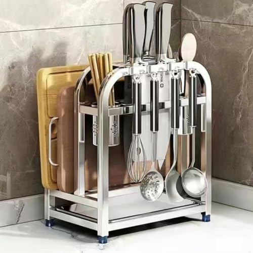 Kirnuoまな板立て 包丁立て俎板スタンド 包丁 鍋蓋 箸 カトラリー 置き 多機能 収納 ラック 卓上 おしゃれ ステンレス 水切りトレー付き 通気性 抗菌 多機能 便利 (アップグレードされたスタイル,304ステンレススチール)