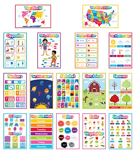 Carson Dellosa 16-Piece Early Learning Posters, 8.5" x 11" Colors, Numbers, Alphabet, Shapes, Sight Words Wall Art, Preschool and Kindergarten Classroom Decor, Office Decorations, and Teacher Supplies