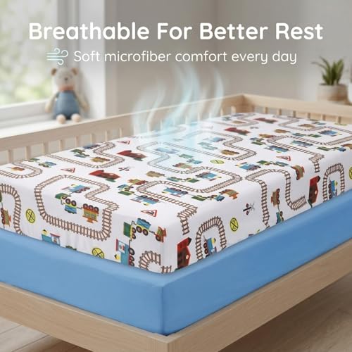 Image of Everyday Kids 2 Pack Fitted Boys Crib Sheet, 100% Soft Breathable Sheet, Fits Standard Size Crib Mattress 28in x 52in, Nursery Sheet - Train /Light Blue
