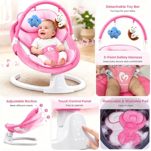 Image of Bluetooth Baby Swing for Infants Indoor & Outdoor Portable, 3 Seat Positions, 5 Speeds, with Music Speaker, Remote Control, USB Power, Season Cushion
