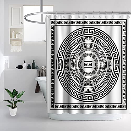 Gemetrischer Duschvorhang, rund, rund, Kreis, Kunst, Stoff, Badezimmer-Dekor-Sets mit Ösen und Haken, 183 x 183 cm, Schwarz und Weiß Cover