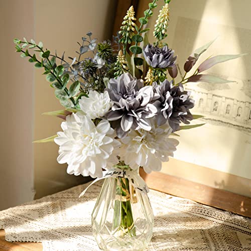 Perfnique Fake Flowers With Vase, Silk Dahlia Faux Flowers In Vase, Artificial Flowers Bouquet For Home Decor, Floral Arrangement For Dining Table Centerpiece, Boho Flower Decor (White And Blue) #TOP1