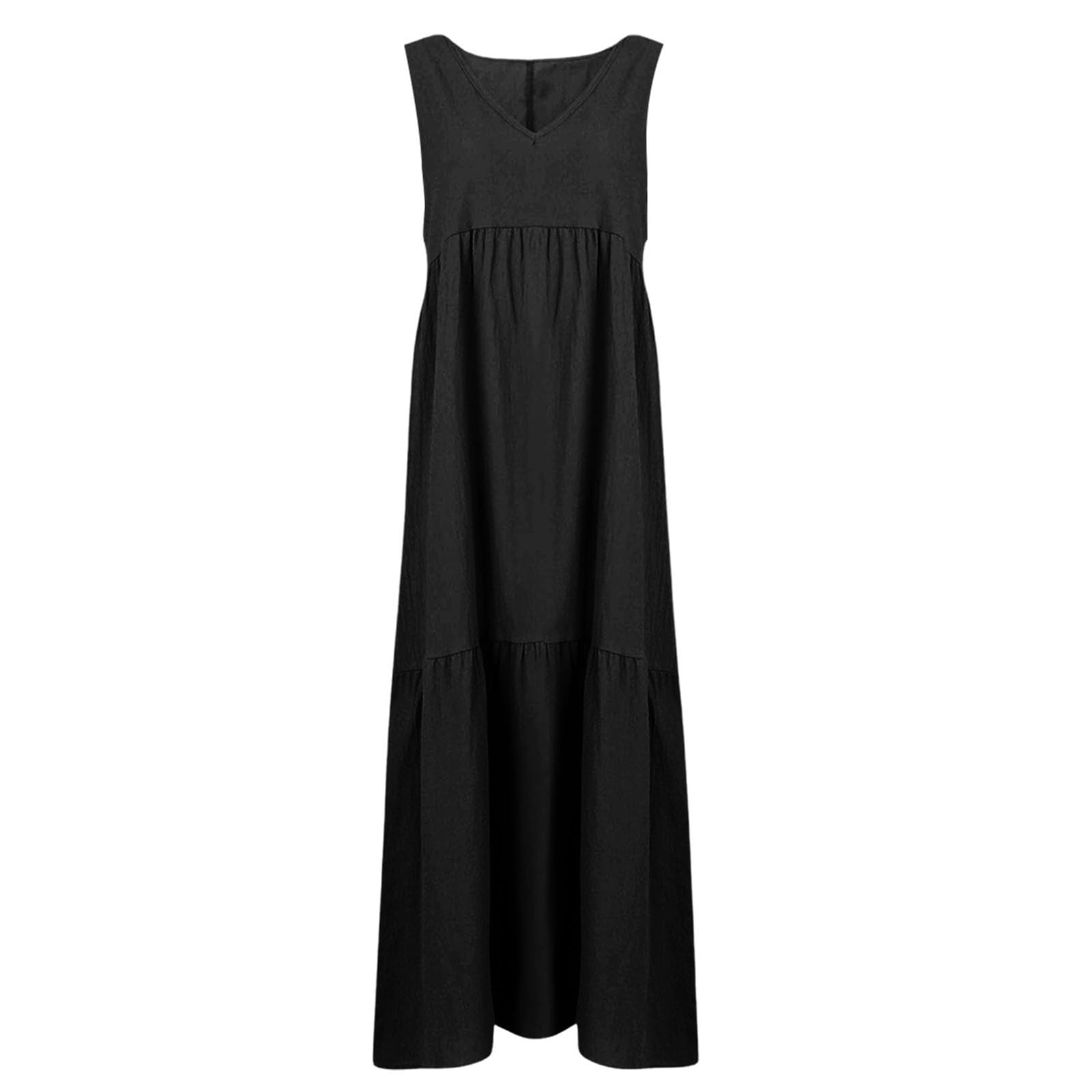 Kleid Leinen Damen Sommer Leinenkleid V-Ausschnitt Trägerkleid Einfarbige Lockeres Schulterfrei Freizeitkleid Lässige Kleid Baumwolle Leinenkleider Ärmellose Strandkleid Luftig Midi Kleider