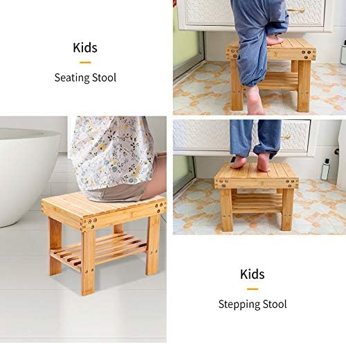 VaeFae Bamboo Small Stool for Kids or Adults Foot Rest Shaving Step Stool with Storage Shelf Stable Anti Slip Wooden Bath Stool for Home Bathroom Bedside Nursery School