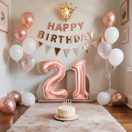21歳 誕生日 飾り付け バルーンセット ハッピーバースデー happy birthday ガーランド & 大きな数字バルーン、紙吹雪風船、王冠付き ローズゴールドの豪華パーティー装飾 大人女子向け