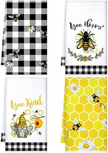 Kajaia 4 Pcs Bee Sunflower Kitchen Towels Summer Gnome Dish Towels Watermelon Lemon Tea Towels Sunshine Hand Towels Absorbent Plaid Towels for Bathroom Housewarming Gifts (Bee)