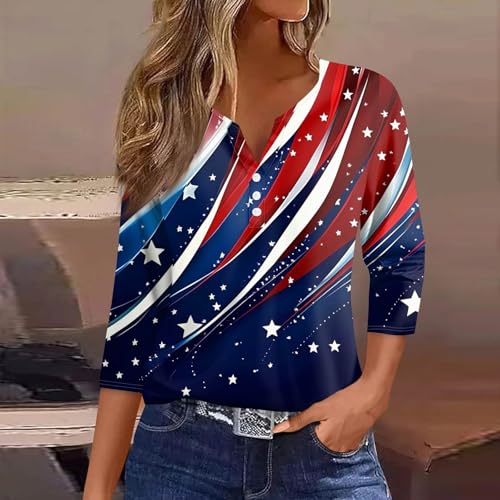 Image of 4th of July Shirts Women 3 /4 Length Sleeve Womens Tops Henley Neck Casual Patriotic T Shirts