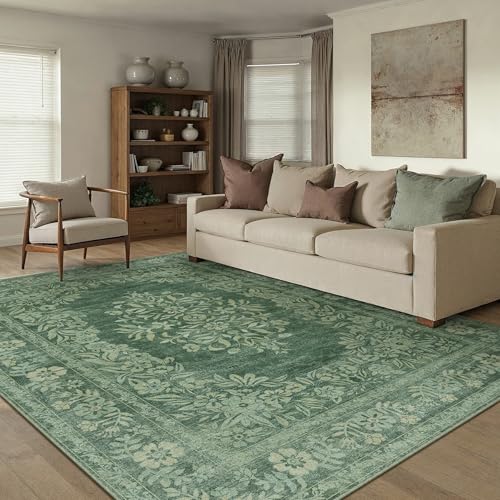 Sage Green Area Rug 6x9 Living Room Washable Carpet Vintage Distressed Non Slip Bedroom Carpet Neutral Low Pile Retro Floral Farmhouse Large Rug Home Office Dining Room Playroom 6' x 9' (Rec