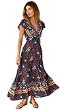 Mujer Largo Vestido, Cuello V Bohemia Floral Beach Party Vestido Largo Casual para Mujeres Manga Corta Delantera Dividida Fiesta Flores Maxi Playa Largo Vestido (Negro Azul, S)