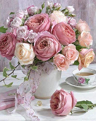 Kingshalor 5D Diamond Painting Full Drill Pink Rose Flowers in Vase Rhinestone Embroidery