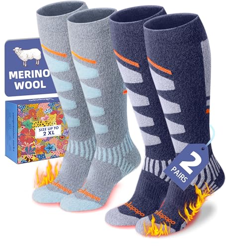 Lalapapa 2 Pairs Merino Wool Ski Socks for Women Men - Warm Thermal Padded Cushioned Knee High Socks for Winter Skiing Snowboarding, Grey & Navy Blue, 2XL by Lalapapa - Used condition - US$13.73