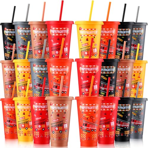 Mifoci 24 Pack Firefighter Plastic Cups with Lids and Straws 24oz Reusable Fire Truck Cups for Firefighter Birthday Party Supplies Decorations