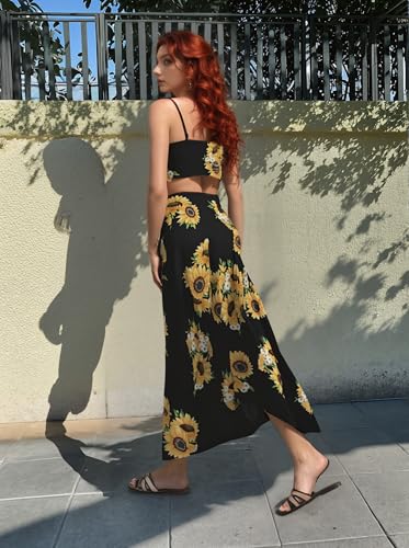 Flowy Dress for Women Two Piece Outfits Chiffon Strap Deep V Neck High Split Long Plus Size Beach Alt Dress Skirt Set Beachwear Swimsuit SunSunflower Black 2XL - Thumbnail 6