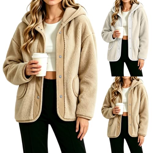 Fuzzy Fleece Jacket Women Button Down Hood Sherpa Jacket Fall Winter Coats - image 1