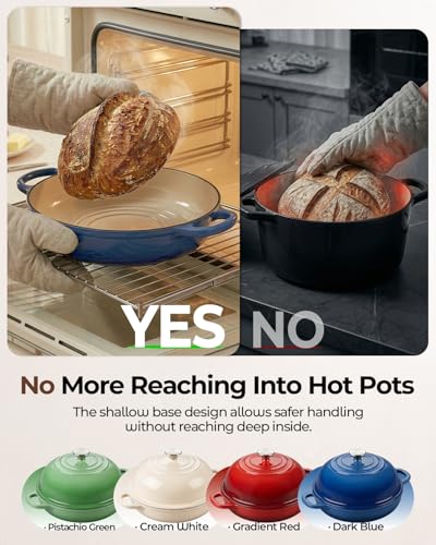 Image of 5QT Enameled Cast Iron Sourdough Bread Oven for Homemade, Blue | Tight-fitting Dome Lid, Shallow Base Supports Easier Loading & Crisp Sourdough Crusts, Gifts for Sourdough Bakers