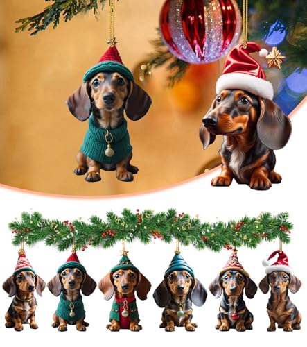 T TAKONE 14 Stück Dackel Dekoration, 2D Acryl Flachdackel Anhänger, perfekt als Christbaumschmuck und Weihnachtsdekoration für das Auto