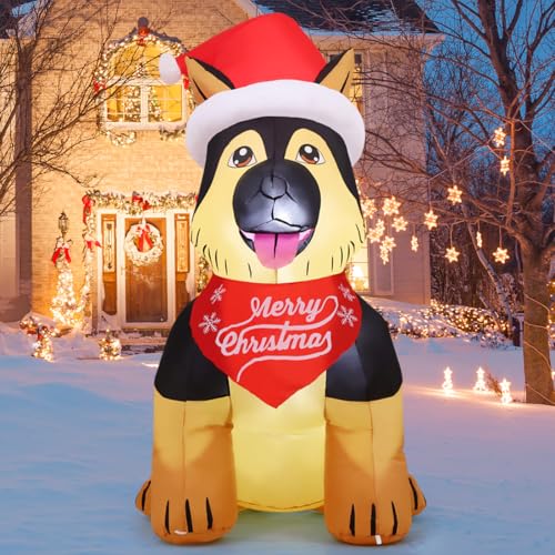 GOOSH 5 FT Christmas Inflatable German Shepherd Dog with Santa