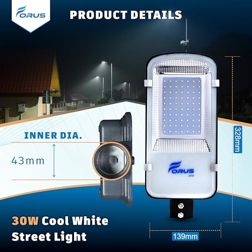 Image of Forus 30W LED Street Light Outdoor with 4 Year Warranty, High Lumen 120 lm /W Waterproof Cool White Light, Energy Saving Aluminium LED Street Lamp for Road, Parking Lot, Industrial Area Lighting (1 PC)