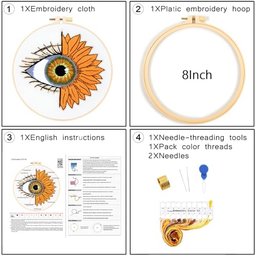 Image of Crafmanoe Sunflower Eyes Embroidery Kits for Beginners Adults, Hand Embroidery Starters Kits, Stamped Cross Stitch Kits Needlepoint Kits for Beginners Adult, Embroidery Hoop, Thread and Video Tutorial