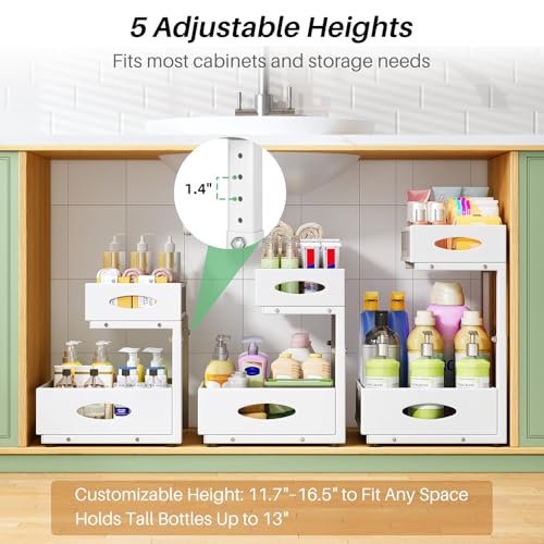 Image of Under Sink Organizer, 2-Pack Pull Out Cabinet Organizer 2 Tier Metal Slide Out Storage Shelf Rack, L-Shaped Adjustable Height,Mesh Sliding Drawer for Kitchen, Bathroom, Laundry, Pantry, White, XL