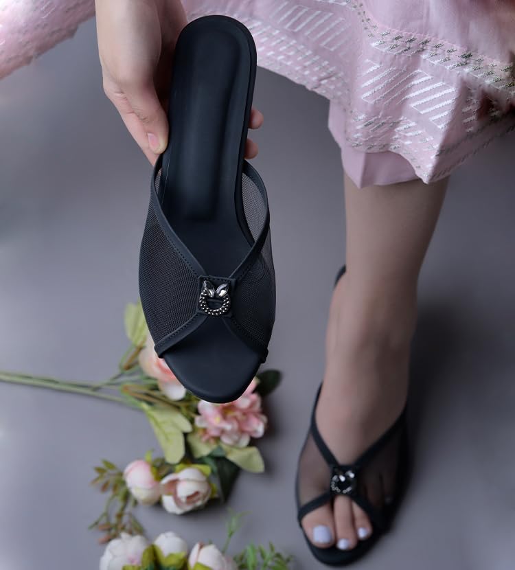 Image of Froh Feet Women's Kitten Heel Embllished Mash sandals 2 Inch Chunky Heels Mules Peep Open Toe Slip On Summer Sandal