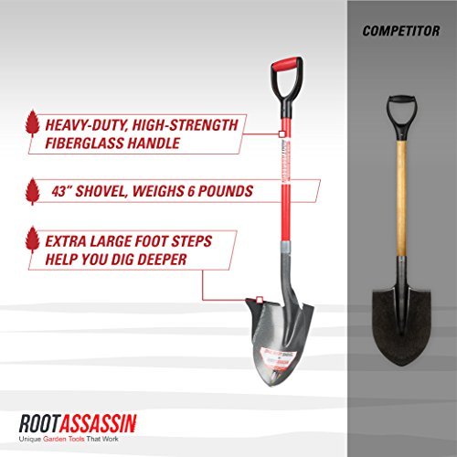 Root Assassin One Shot Garden Shovel (43" D-Handle) - Holds More Than The Average Shovel, Back Wings Keep Dirt From Spilling Off The Back, Best For Yard Work, Gardening, Digging, Treasure Hunting #TOP5