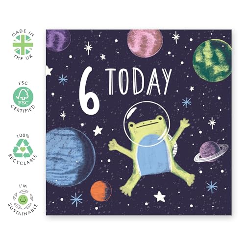 Kartka na 6. urodziny dla chłopców - 'Frog Space Birthday 6' - prezenty dla syna, dzieci, dzieci, siostrzeńca, wnuka - astronauty i planety - w zestawie zabawne naklejki
