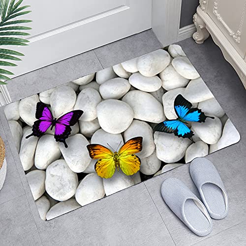 Wodejia Bath Rugs Sponge Foam Soft For Bathroom And Kitchen ,Flannel Mat Non Slip Bright 3D Printed ,Clearance Mats Absorbent Moisture Dust Forlaundry Room（Butterfly White Pebbles #TOP6