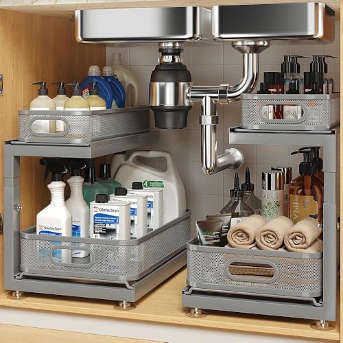 Image of 2-Pack Under Sink Storage Organizer with 2-Tier Slide Out Drawer, Sophisticated Mesh Pull Out Shelf for Kitchen & Bathroom, Fits Small Items, Upgraded Arched Track for Smooth Gliding-Gun Gray
