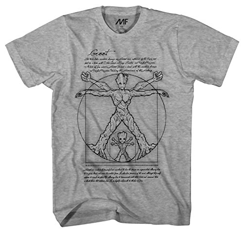 Marvel Vitruvian Groot and Baby Groot Guardians of The Galaxy Men's Adult Graphic Tee T-Shirt (Grey Heather, Large)