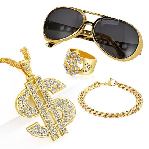 4 Stück Zuhälter Kostüm Zubehör,70 80 90er Jahre Outfit Herren Scheich Kostüm Zubehör HipHop Mit Dollar Halskette Gangster Gang Sonnenbrille Armbänder Ring,Für Rapper Kostüm Kinder Karneval Cosplay