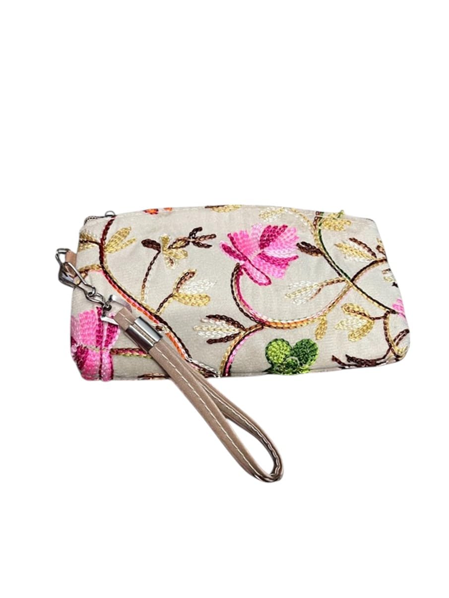 Floral Embroidered Wristlet Wallet for Women, Small Money and Makeup Pouch with Wrist Strap, Cream,Pink and Gold-picture-52