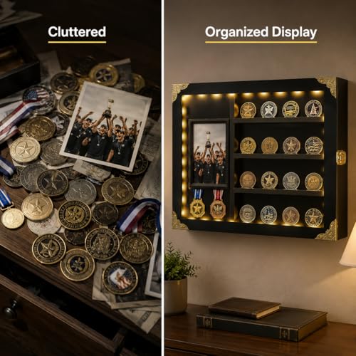 Image of Challenge Coin Display Case for Gift, Lighted Coin Medal Holder with Photo Frame & Chalkboard, Wall Mount Shadow Box with Removable Shelves, Memorial Gift for Men, Veterans, Collectors, Black