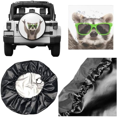 Funny Raccoon in Green Sunglasses Spare Tire Cover Cute Animal Tire Wheel Covers Waterproof Weatherproof Wheel Tire Protector Tyre Covers Universal for Trailer RV SUV Vehicle Motorhome Travel 14 Inch — view 4