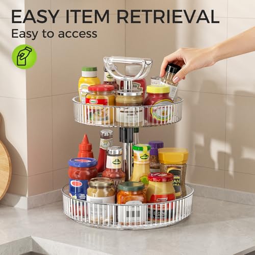 Image of Lazy Susan Organizer - 2 Tier Rotating Spice Rack Turntable, 11.4 inch Plastic Spinning Organizer for Kitchen Cabinet Pantry Countertop Cupboard Bathroom Storage, Clear