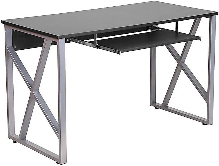Bowery Hill Computer Desk, Black Laminate Finish, 47.25" W x 23.75" D x 29.25" H, Rectangular Top with Sliding Keyboard Tray, Silver Powder Coated Frame, Designer Cross-Braces, Home Office Workstation