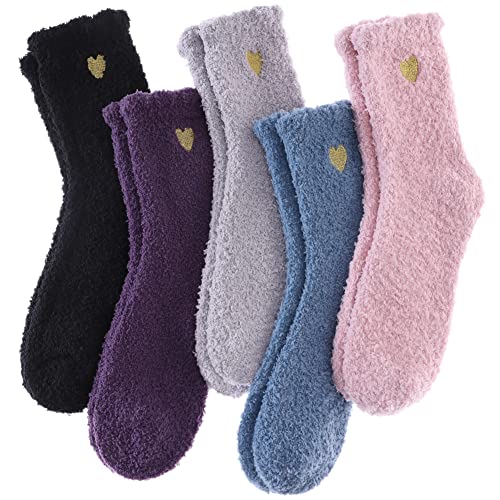 Linemin Womens Fuzzy Socks Cozy Fluffy Winter Warm Slipper Socks Microfiber Soft Home Sleeping Socks (5 Pack Soild Color Hearts) #TOP19