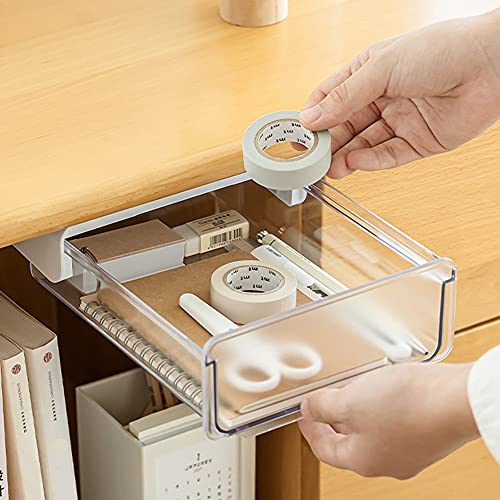 iFeather Sliding Under-Desk Drawer, Self-Adhesive Plastic Pencil Holder with 3pcs 3M Nano Tape, Hidden Desk Storage Organiser for Office Home School Kitchen (1 Drawer/White & Frosted Clean)