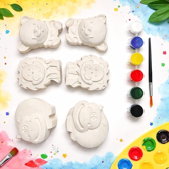 Image of EXPESIA DIY Animal Plaster Painting Kit for Kids, Lion, Hippo & Bear Figurines, 6 Colors with Brush, Ages 2+, 6 Pieces